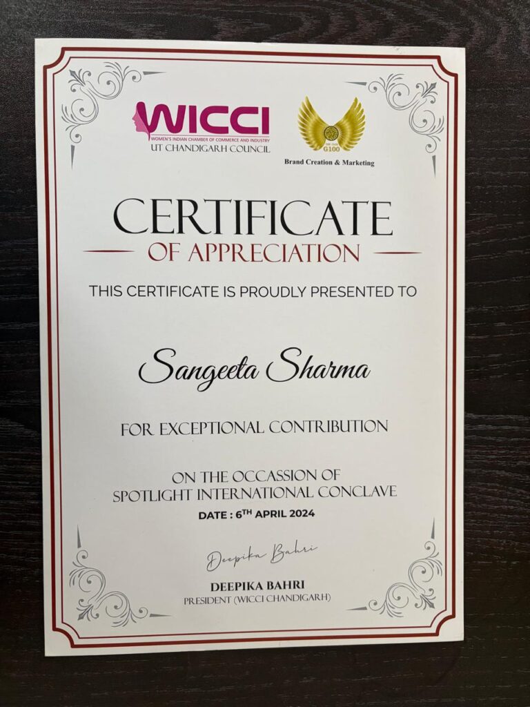 wicci certificate to coach sangeeta